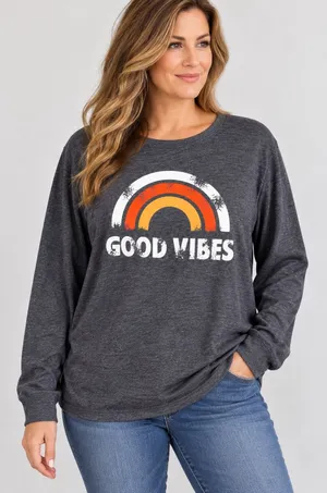 Women's Good Vibes Rainbow Graphic Long Sleeve Tee Charcoal Gray XL thumbnail 1