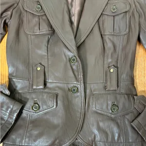 Danier Brown Leather Jacket Military Style Pockets Button Closure women's‎ XS thumbnail 4
