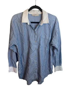 Loft Blue and White Striped Oversized Oxford Shirt thumbnail 1
