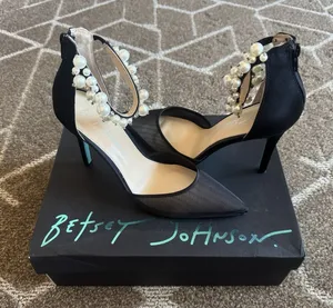 Betsey Johnson SB Ellah Pearl Crystal Embellished Mesh High Heels Pointed Toe 8 thumbnail 1