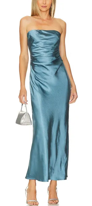 Runaway Blue Satin Midi Slip Dress XL Ruched Cocktail Semi Formal Bias Cut $139 thumbnail 1