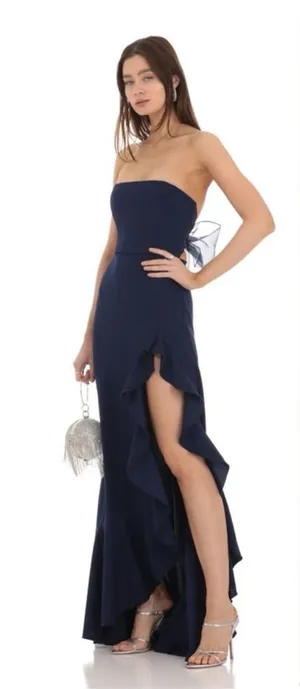 Lucy In The Sky Navy Blue Strapless Back Bow Corset Maxi Dress XXS thumbnail 1