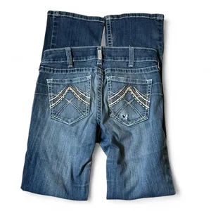 Ariat Womens Real Denim Bootcut Jeans Low Rise Whiskered Distressed Medium Wash thumbnail 2
