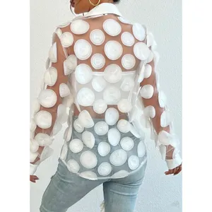 White Sheer Mesh 3D Applique Floral Button Down Blouse Long Sleeve Top M thumbnail 2