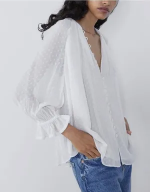 Zara Women Blouse Medium White Polyester Swiss Dot V-Neck Ruffle Cuff Romantic thumbnail 1