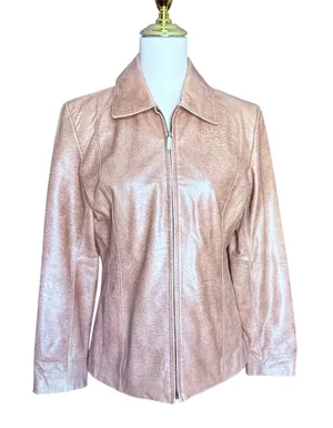 Y2K‎ Redi Pink Metallic Leather Jacket Embossed Floral Moto Zip Front Size Small thumbnail 1