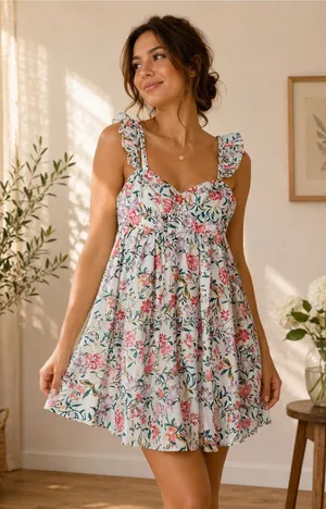 Ruffle-Strap Floral Mini Dress in White with Pink Floral thumbnail 1