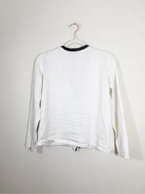 Adrianna Papell White Black Fringe Trim Cardigan Size Small Quiet Luxury thumbnail 3