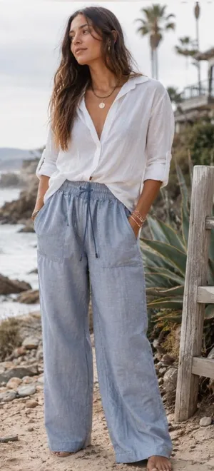 ATHLETA Retreat Linen High Rise Wide Leg Pant Blue Chambray Drawstring 8 Tall thumbnail 1
