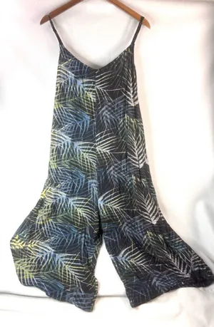 World Market L/XL Tropical Leaf-Print Wide Leg Jumpsuit - Blue & Green thumbnail 1