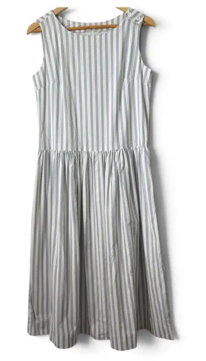Vintage Blue White Striped Sleeveless Midi Dress Button Shoulder Drop Waist thumbnail 1