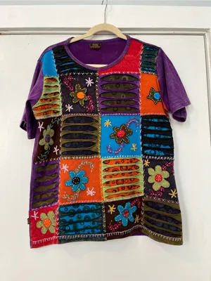 Vintage Rising International Purple Patchwork Floral Short Sleeve Tee XL cotton thumbnail 1