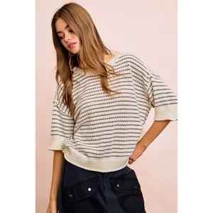 BiBi Stripes Short Sleeves Rib Banded Outseam Knit Top‎ - Cream/Grey - Medium thumbnail 3