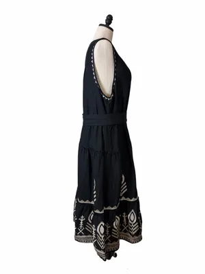 Soft Surroundings Embroidered Tiered Midi Dress Size 2X Linen Blend Belted Black thumbnail 5