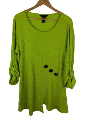 Ali Miles Womens‎ Lime Green Textured Button Accent Roll Tab Sleeve Tunic Top L thumbnail 1