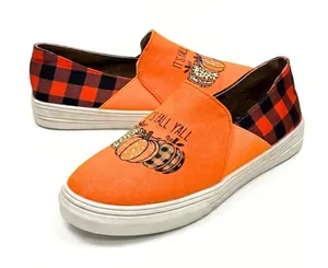 Orange Pumpkin “It’s Fall Y’all” Buffalo Plaid Canvas Slip On Sneakers Size 9.5 thumbnail 1