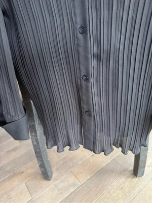 Women’s Black Pleated Button-Front Sheer Blouse with Button Sleeves thumbnail 4