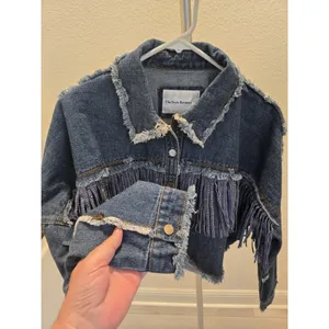 Garage The Style Between Us Denim Jacket M Blue Fringe Rhinestone Cropped Distressed thumbnail 4