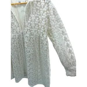 Zara White Floral Embroidered Babydoll Mini Dress V-Neck Tie Balloon Sleeve XS thumbnail 5