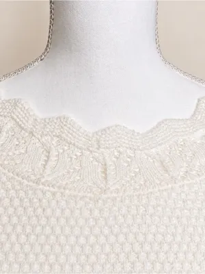 Vintage Ivory Pointelle Knit Flutter Sleeve Scalloped Sweater Top thumbnail 5