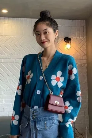 Cute Blue Knit Cardigan with Daisy Smile Flowers Kawaii‎ Y2K Cozy Top size S thumbnail 1