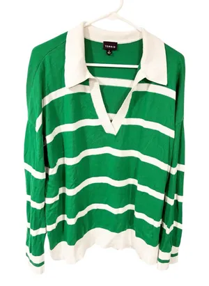 Torrid Plus Size Green White Stripe Rugby Cotton Polo Top Size 1X thumbnail 1