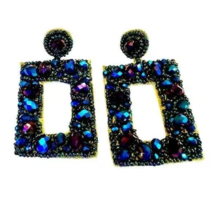 Iridescent Blue Rhinestone Dangle Earrings Large Rectangular Blue Drop Statement thumbnail 1