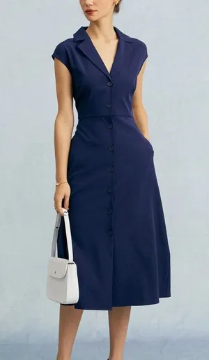 RIHOAS The Navy V Neck Button Cap Sleeve Midi Dress thumbnail 1