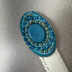 Chicos Leather Belt Small Womens White Embellished Buckle Beaded Faux Turquoise thumbnail 2