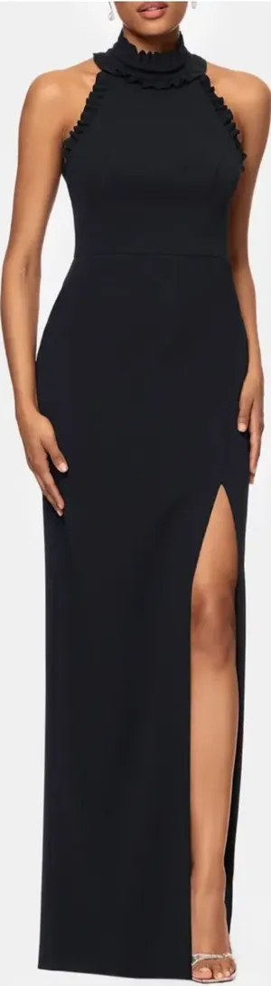 Xscape Black Halter Neck‎ Ruffle High Slit Maxi Evening Gown Dress Sz 12 thumbnail 1