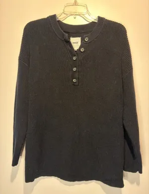 Aerie Black Waffle Knit 100% Cotton Slouchy Sweater 1/4 Button Size M thumbnail 1