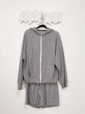 J.ING Gray Waffle Knit Zip Up Hoodie Shorts Two Piece Lounge Set One Size thumbnail 2