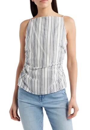 Madewell Linen Cotton Striped Ruched Square Neck Tank Top Size 0 Coastal thumbnail 1