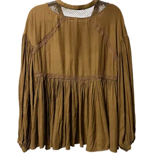 Free People Don't Let Go Brown Flowy Lace Up Balloon Sleeve‎ Boho Peasant Top S thumbnail 3