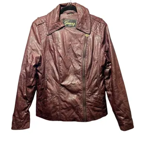 Guess Faux Leather‎ Moto Biker Jacket Quilted Burgundy XL thumbnail 1