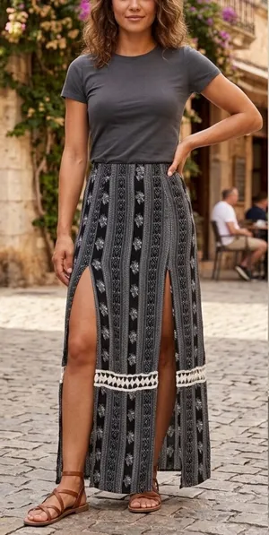 Bohemian Solemio Maxi Skirt M Black White Floral Striped Double Slit‎ Crochet thumbnail 1