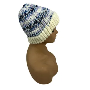 Handmade Knit Beanie Winter Hat Multicolor White Stretch Women One Size Fits All thumbnail 4