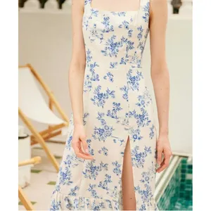 Rihoas Blue White Toile Floral Square Neck Ruffle Hem Midi Dress XS NWT thumbnail 2