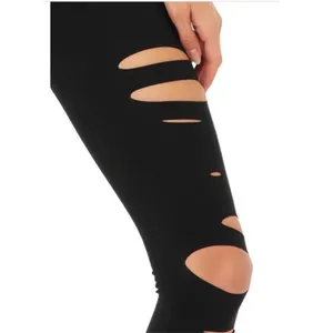 Alo Yoga Warrior High Rise Waist Edgy Goth Black Ripped Slashes Leggings S thumbnail 5