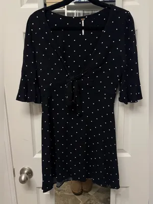 Free People Black with White Polka Dots Tie-Front Midi Dress thumbnail 1