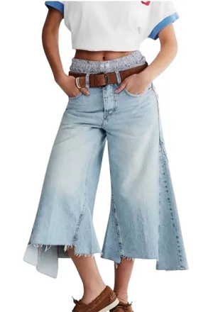 Free People We The Free Ripple Wide Leg Pieced Cropped Denim Button Fly Jeans 26 thumbnail 1