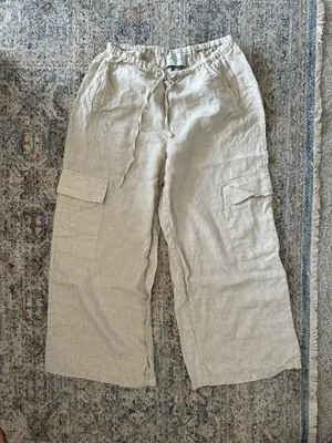Hausen 100% Linen Wide Leg Cargo Pants Size S Beige Drawstring thumbnail 1