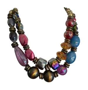 Vintage 2 Strand Statement Necklace Antique Gold Tone Acrylic Beads Estate 20" thumbnail 1