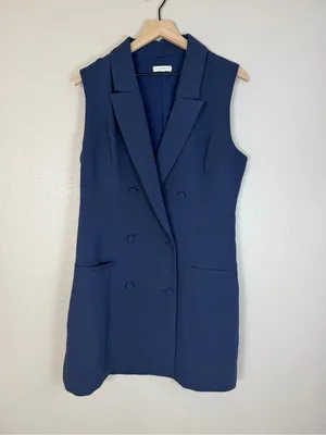 New Good American Luxe Suiting Sleeveless Blazer Dress Navy Blue Rinse Size 3 L thumbnail 6