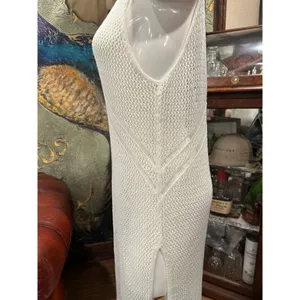 Boho Crochet Knit Maxi Cover Up Dress White Sleeveless V-Back Summer Resort thumbnail 7