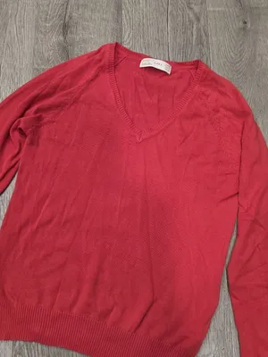 Zara Women Red V-Neck Long-Sleeve Knit Sweater Lightweight Cotton Blend Sz Large thumbnail 4