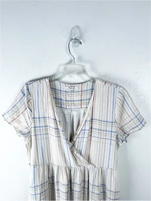MADEWELL Clara Linen Blend Plaid Short Sleeves Pockets Dress Size Medium Boho thumbnail 7