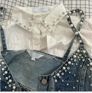 White collared dress shirt with matching denim vest. thumbnail 2