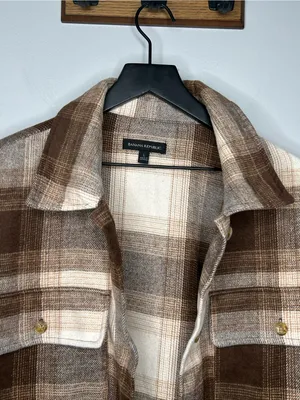 Banana Republic Brown Beige Plaid Wool Blend Shirt Jacket Size L thumbnail 5