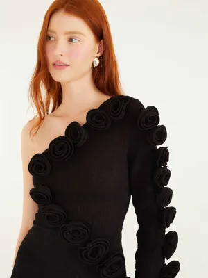 NWT FARM Rio Black One-Shoulder Midi Dress with Rosette Trim Small thumbnail 3